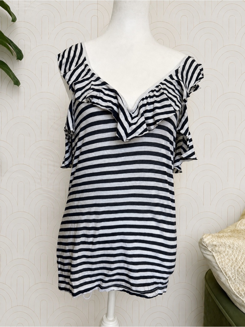 Splendid Navy & White Striped Cold-Shoulder Ruffle Tank